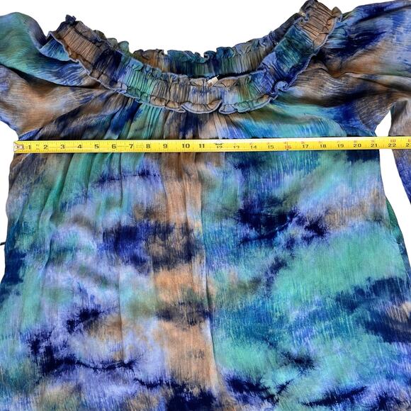 NEW Off Shoulder Tie Dye Dress Women Medium Tunic Blue Green Bell Sleeve Country - Picture 15 of 16